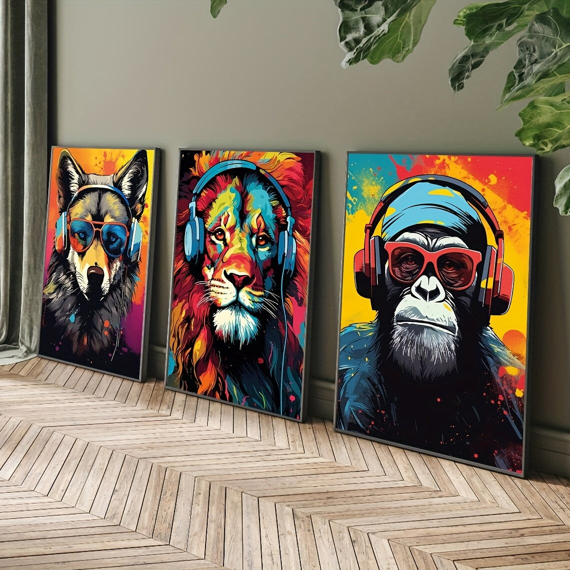 3-Piece Earphone Animal Canvas Art -Tiger Wolf Chimpanzee Prints