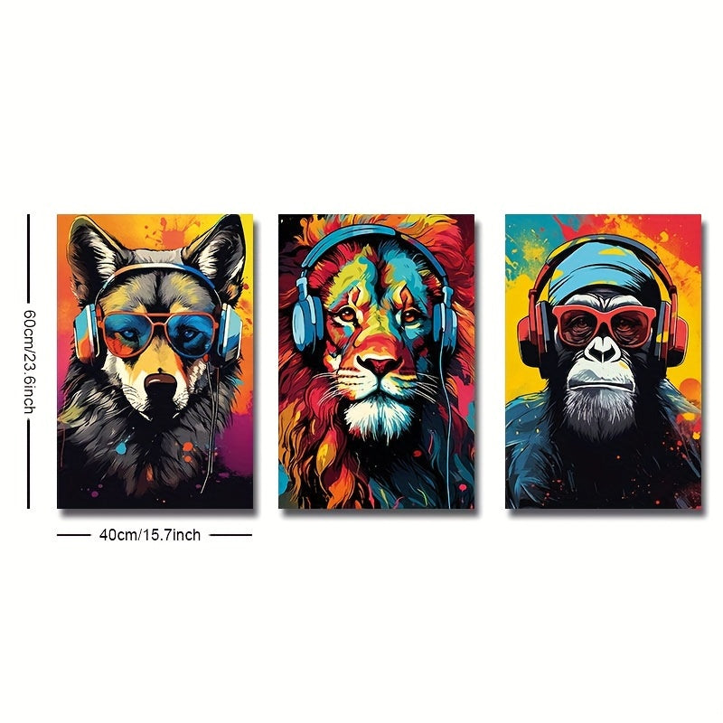 3-Piece Earphone Animal Canvas Art -Tiger Wolf Chimpanzee Prints