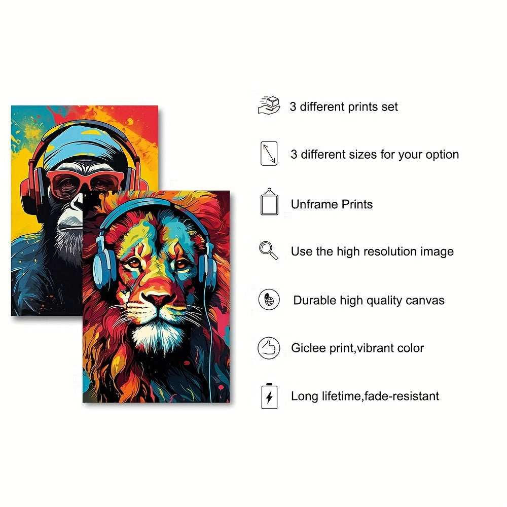 3-Piece Earphone Animal Canvas Art -Tiger Wolf Chimpanzee Prints