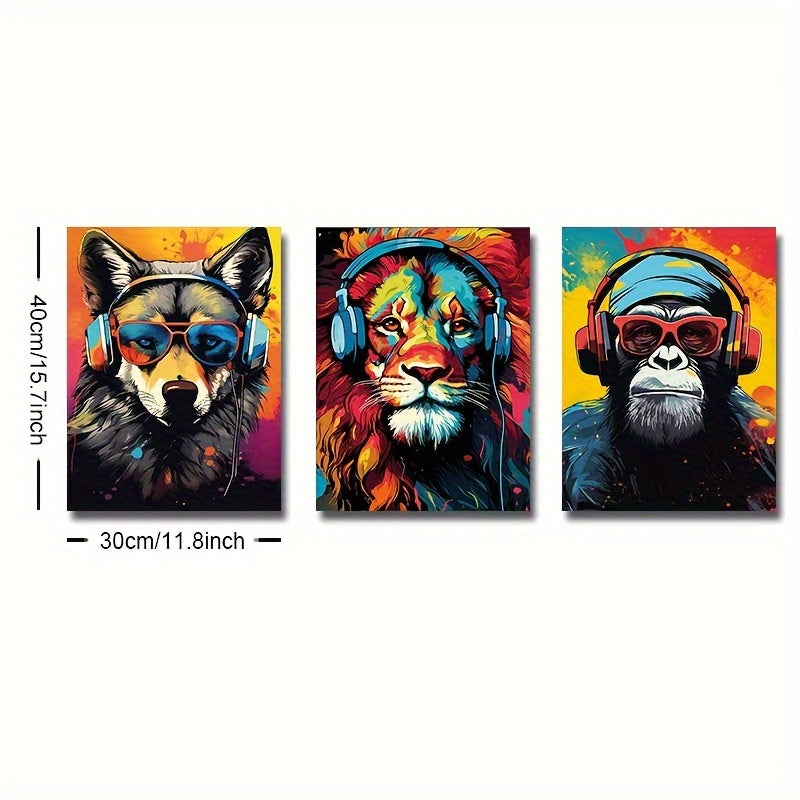 3-Piece Earphone Animal Canvas Art -Tiger Wolf Chimpanzee Prints