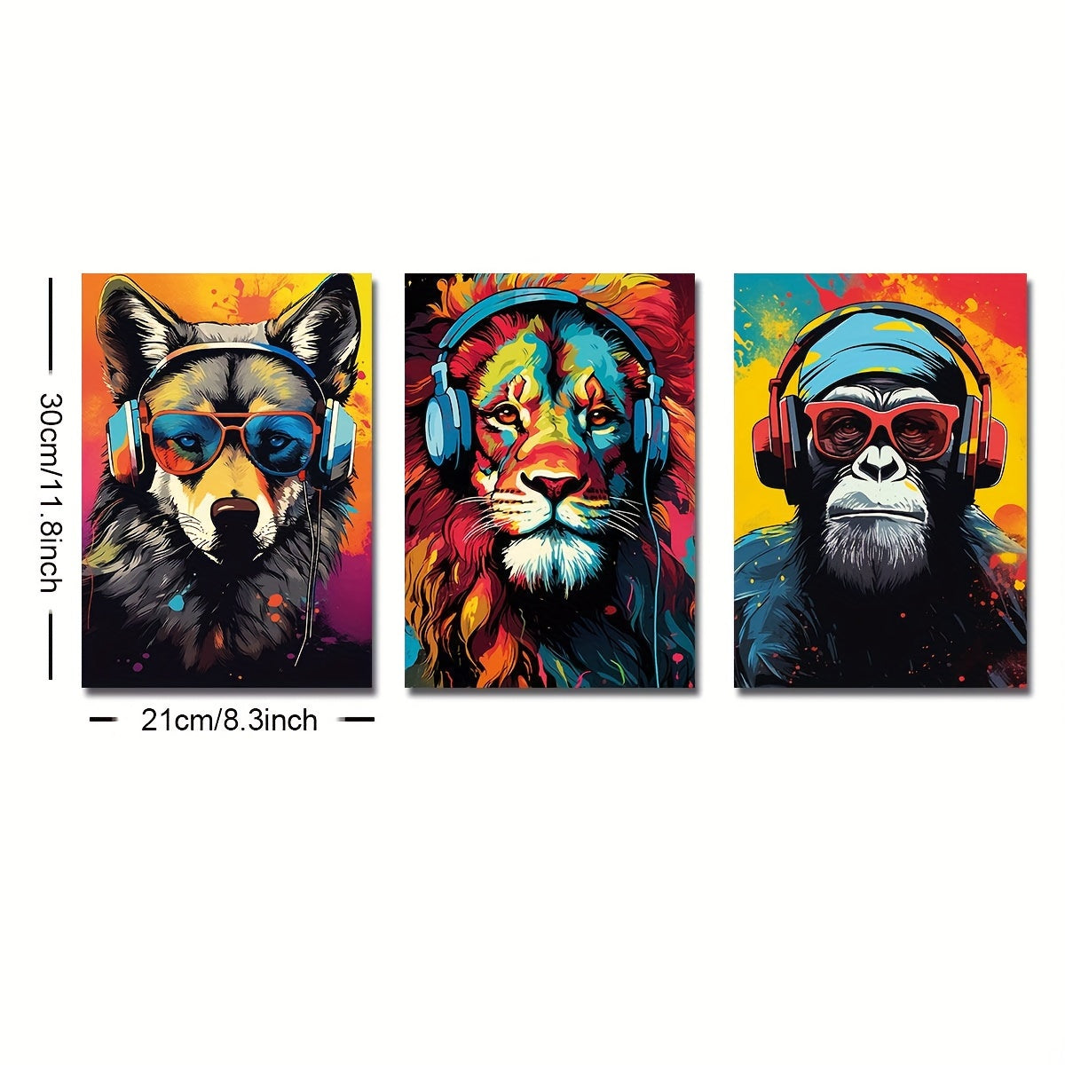 3-Piece Earphone Animal Canvas Art -Tiger Wolf Chimpanzee Prints