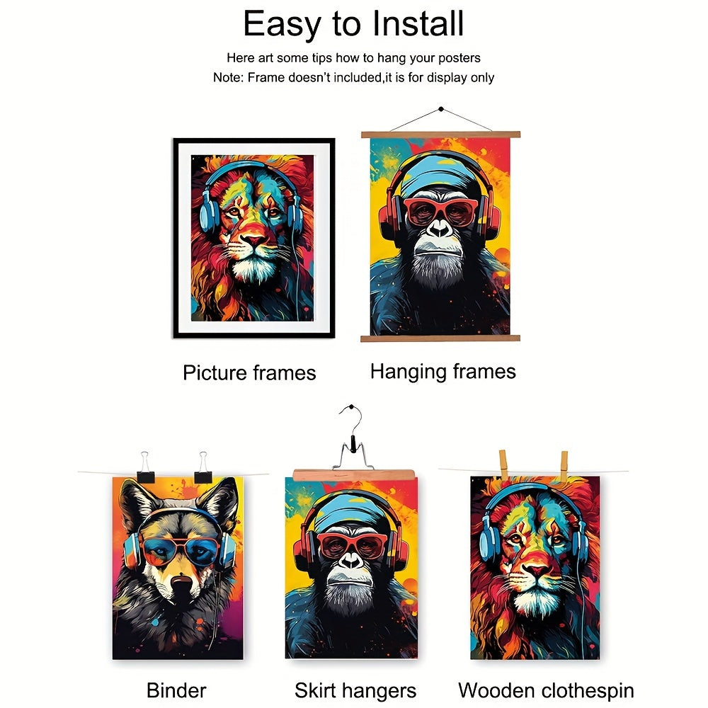 3-Piece Earphone Animal Canvas Art -Tiger Wolf Chimpanzee Prints