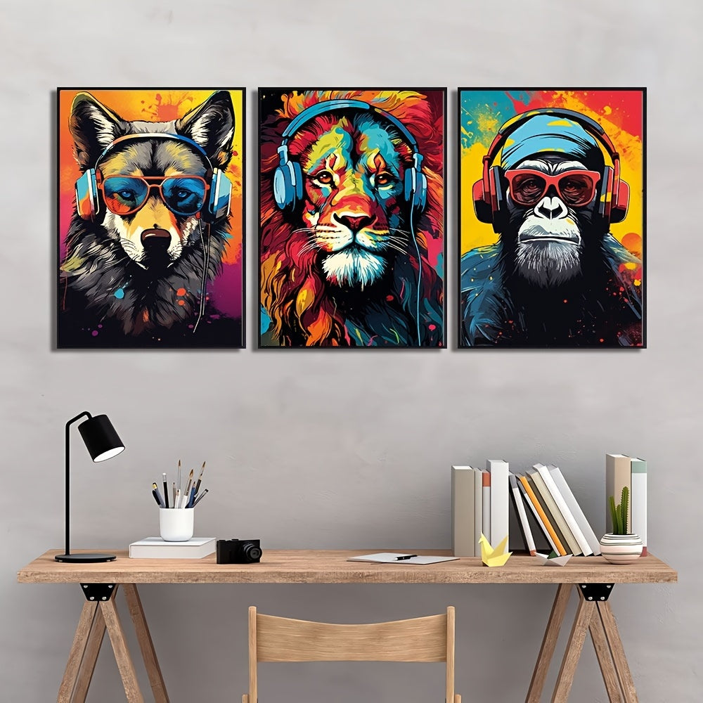 3-Piece Earphone Animal Canvas Art -Tiger Wolf Chimpanzee Prints